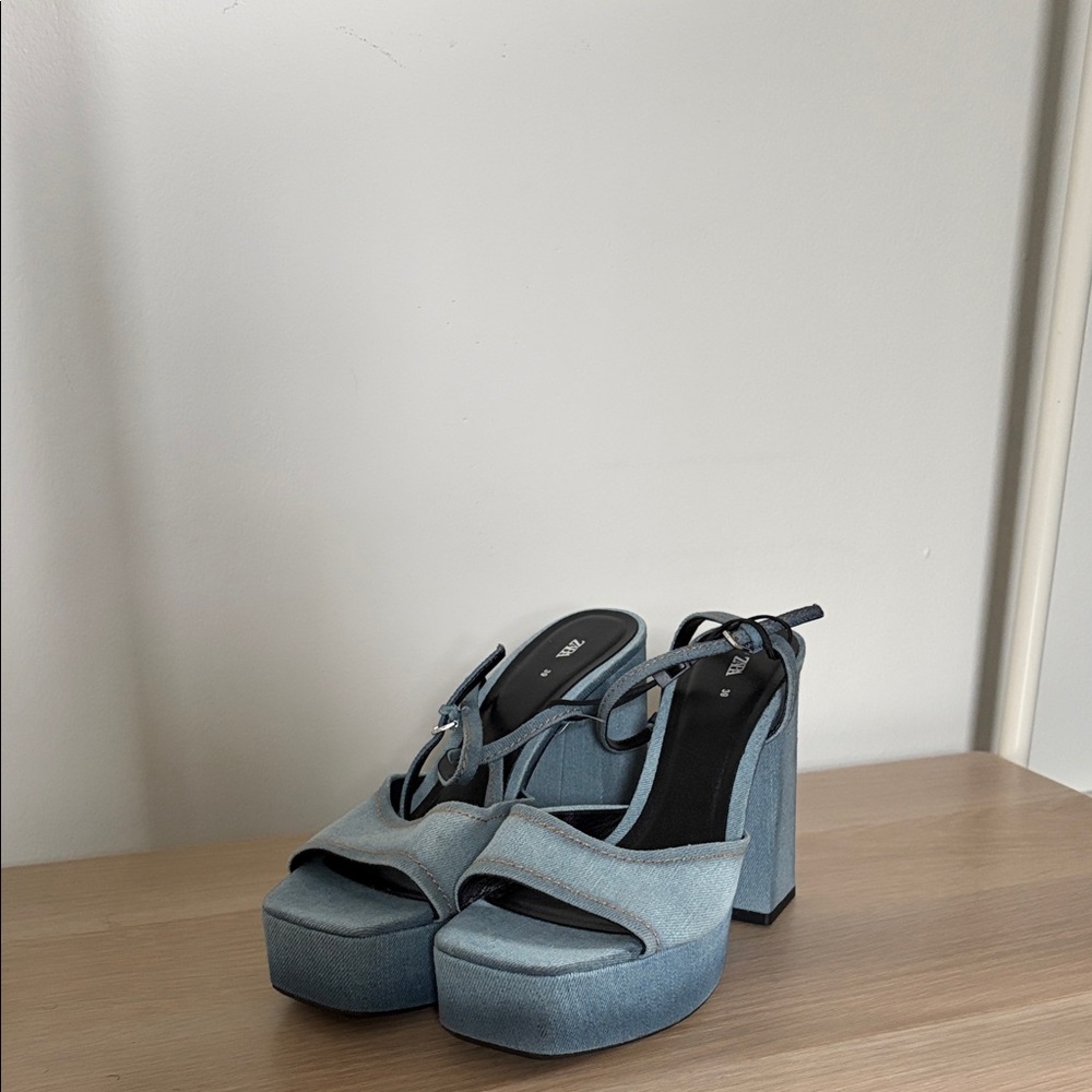 Denim Platform Block Heel Sandals in Light Blue